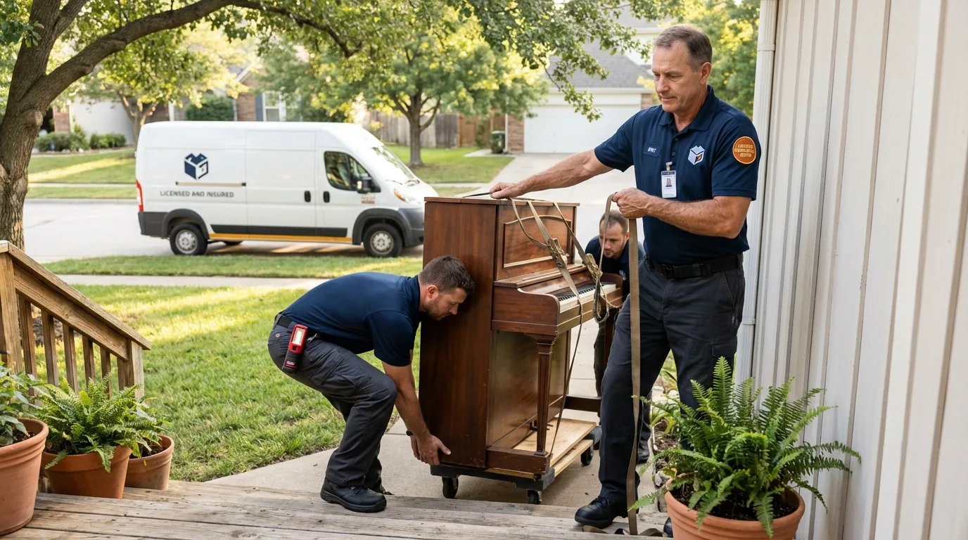 Licensed piano movers securing grand piano in Anthony, KS