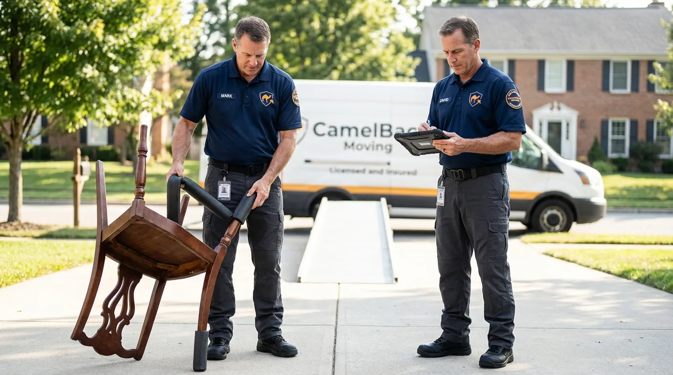 Movers inspecting furniture for damage prevention before loading in Anthony, KS