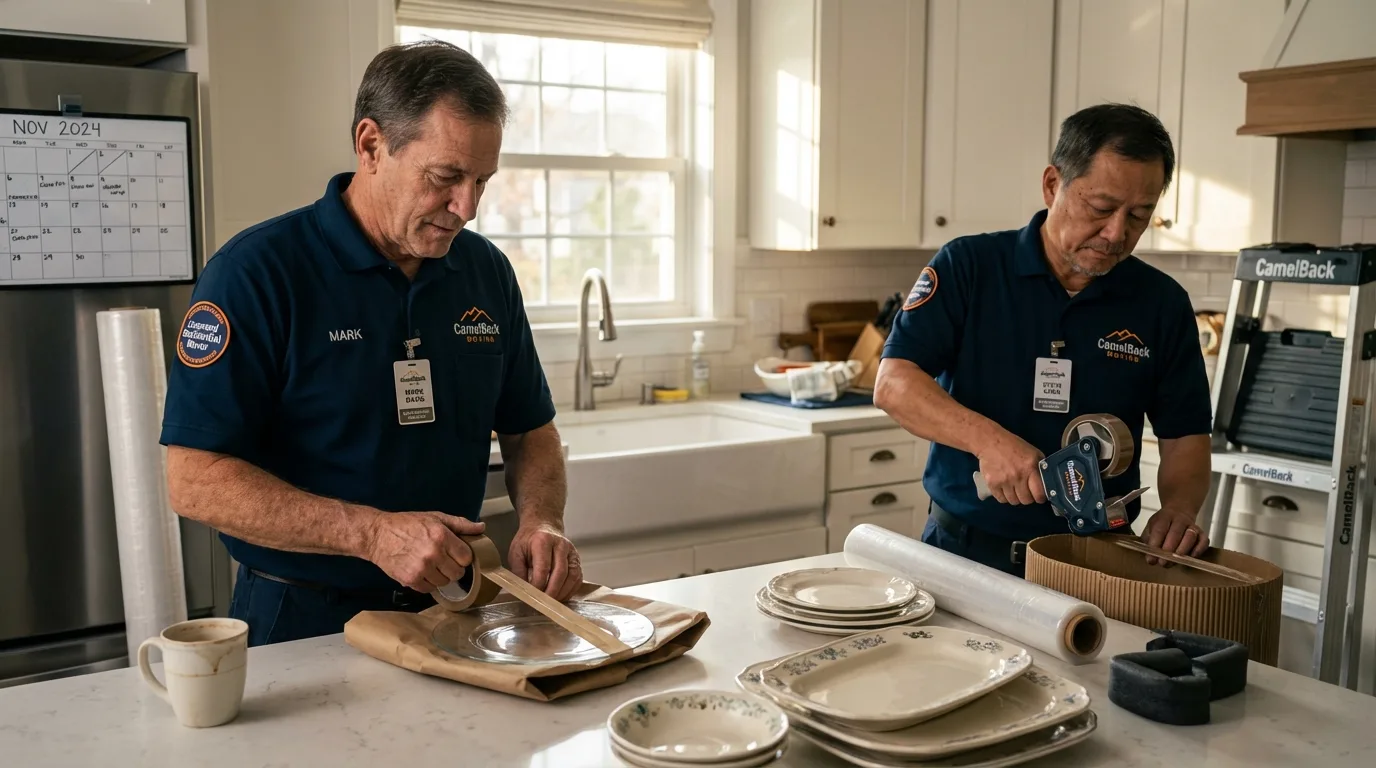 Professional crew packing kitchen dishware in Anthony, KS